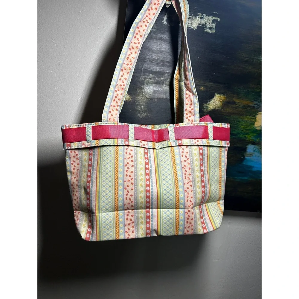 New Longaberger Floral Stripe Fabric Tote Bag Pink Ribbon Bow Accent Multi-Color